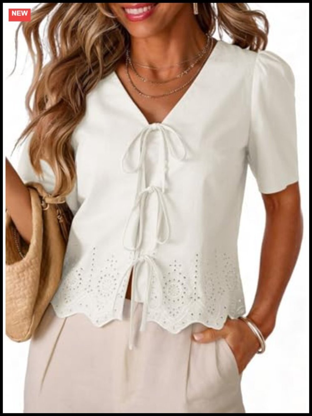 Women's Eyelet Embroidered Crop Top Tie Front V-Neck Puff Sleeve Blouse Summer
